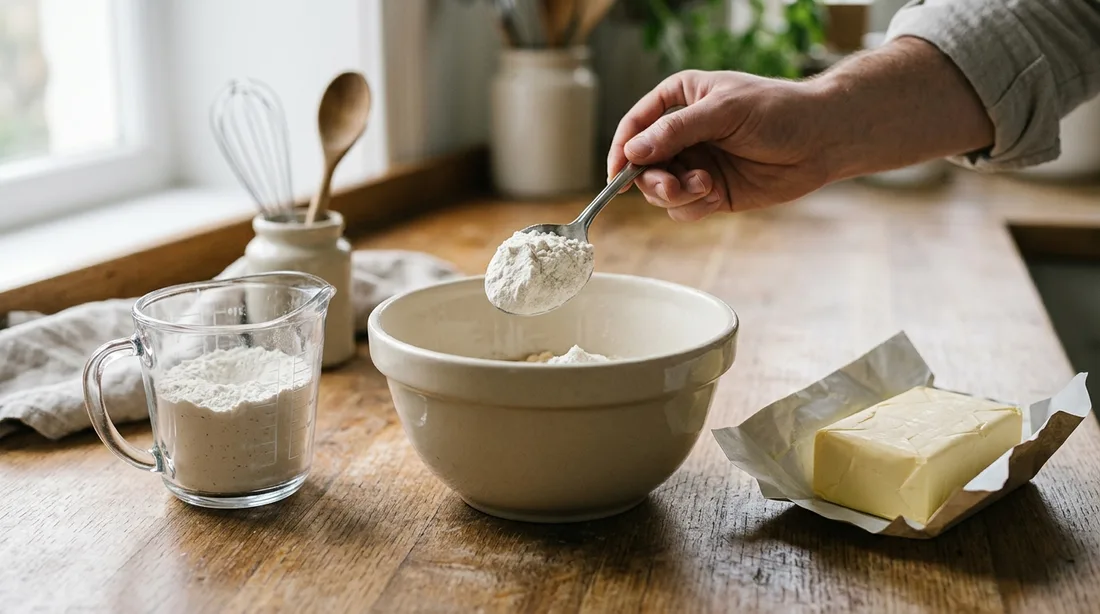 Esslöffel mit Mehl über einer Schüssel, daneben Messtasse und Butter