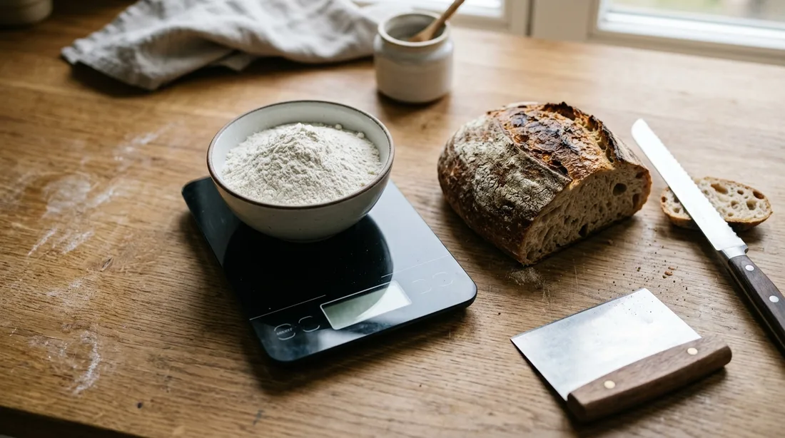 Rührschüssel mit Mehl auf einer flachen digitalen Küchenwaage mit Display, daneben ein angeschnittenes Sauerteigbrot mit Messer und Teigkarte