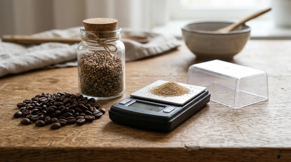 Feinwaage mit Trockenhefe, daneben Kaffeebohnen und ein Gewürzglas